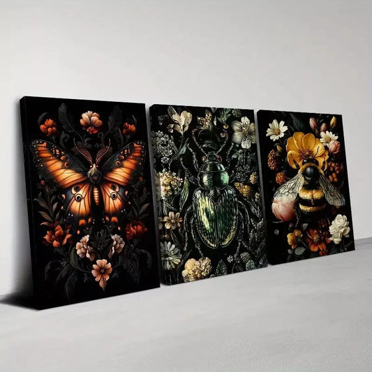 3pcs Gothic Insects And Plants with Florals Wall Art Set Canvas Framed 50x70cm - High Quality Print 100% Australian Made Wall Canvas Ready to Hang