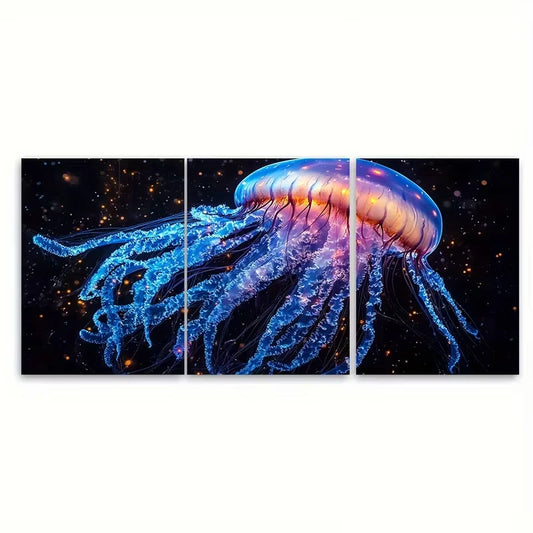 3pcs Neon Blue Japanese Sea Nettle Jellyfish Metal Print Ready to Hang Art