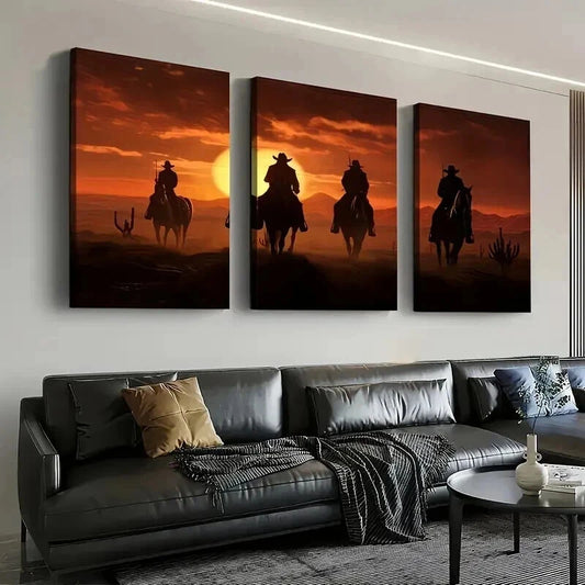 3pcs Western Cowboy Sunset Décor Perfect Wall Art Set Canvas Framed 50x70cm - High Quality Print 100% Australian Made Wall Canvas Ready to Hang