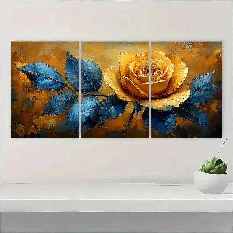 3pcs Yellow And Blue Art Rose Perfect Wall Art Set Canvas Framed 50x70cm - High Quality Print 100% Australian Made Wall Canvas Ready to Hang