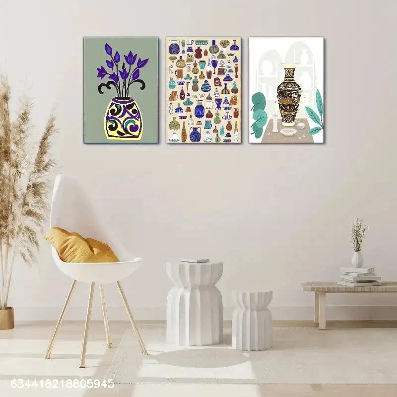 3pcs Sarawak pottery, Enchanting Blooms Metal Print Ready to Hang Art