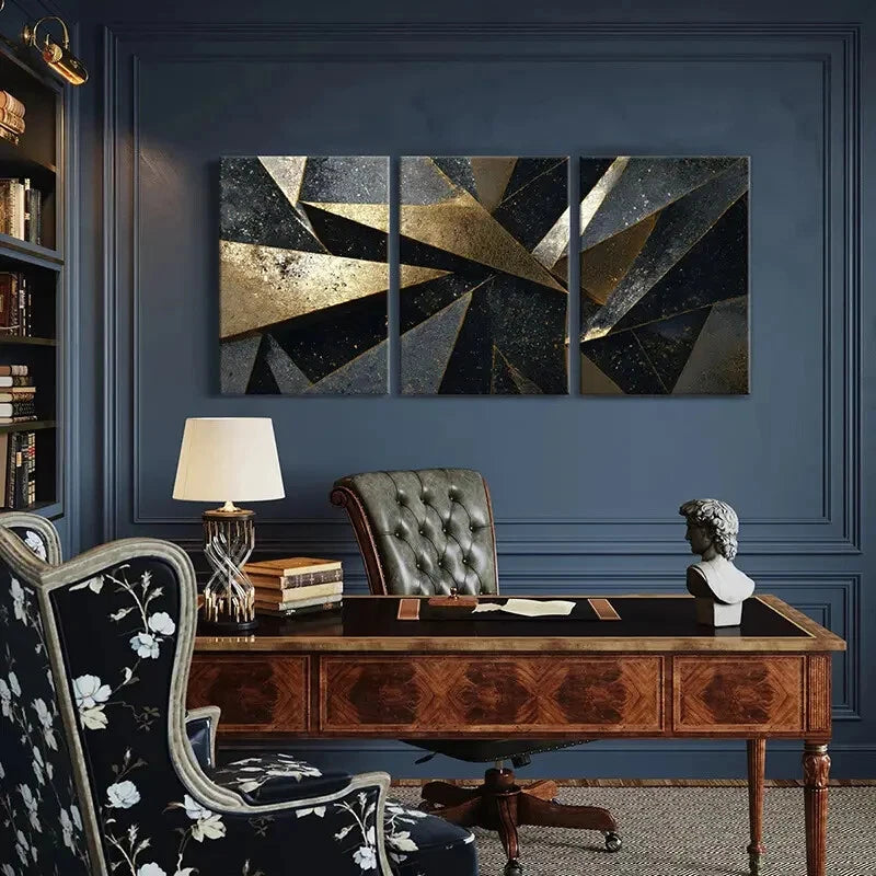 3pcs Abstract Golden Black Geometric Art Metal Print Ready to Hang Art - Bella Home Decor