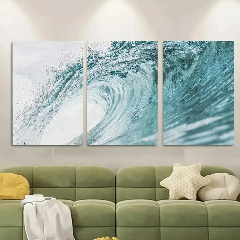 3pcs Blue Ocean Wave Coastal Metal Print Ready to Hang Art - Bella Home Decor