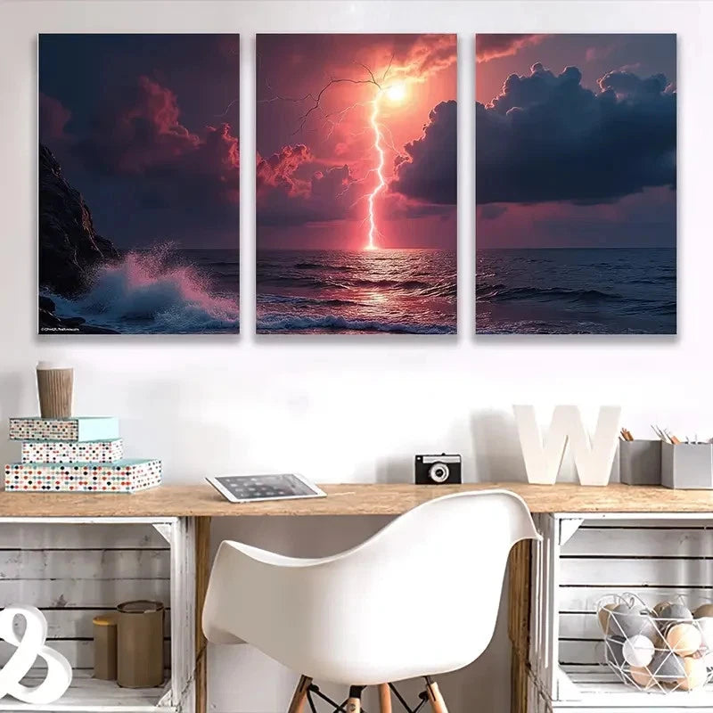 3pcs Dramatic Red Sky Lightning Storm EI  Wall Art Set Canvas Framed 40x60cm - High Quality Print 100% Australian Made Wall Canvas Ready to Hang - Bella Home Decor