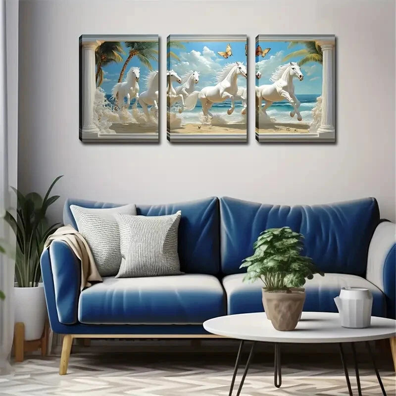 3pcs Six White Horses Beach Scene Perfect Wall Art Set Canvas Framed 40x60cm - High Quality Print 100% Australian Made Wall Canvas Ready to Hang - Bella Home Decor