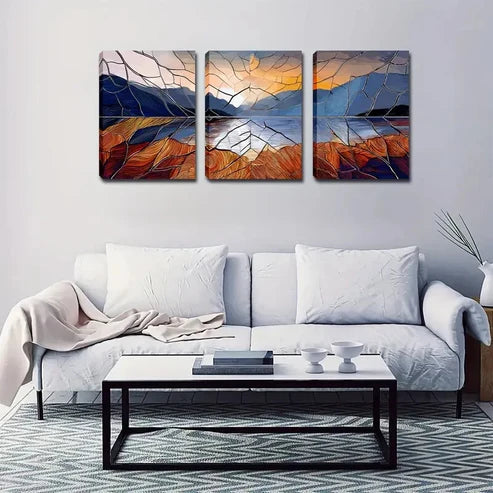 3pcs Cracked Sunrise Over a Mountain Lake Wall Art Set Wall Art Canvas Unframed - High Quality Print 100% Australian Made Wall Canvas - Bella Home Decor