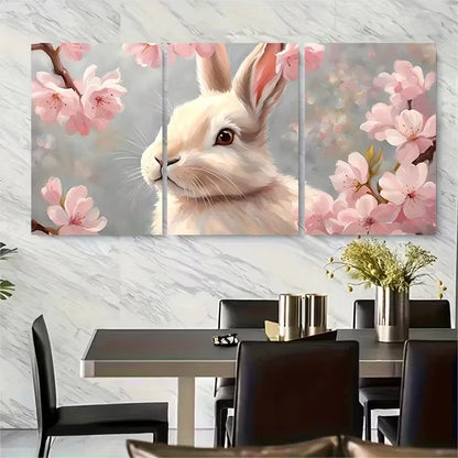 3pcs Cute Bunny In Cherry Blossom Metal Print Ready to Hang Art - Bella Home Decor