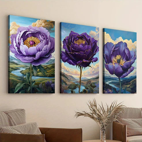 3pcs Abstract Charming Purple Flowers Blue Sky Art Set Canvas Unframed - High Quality Print 100% Australian Made Wall Canvas - Bella Home Decor