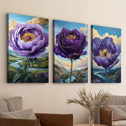 3pcs Abstract Charming Purple Flowers Blue Sky Art Set Canvas Unframed - High Quality Print 100% Australian Made Wall Canvas - Bella Home Decor