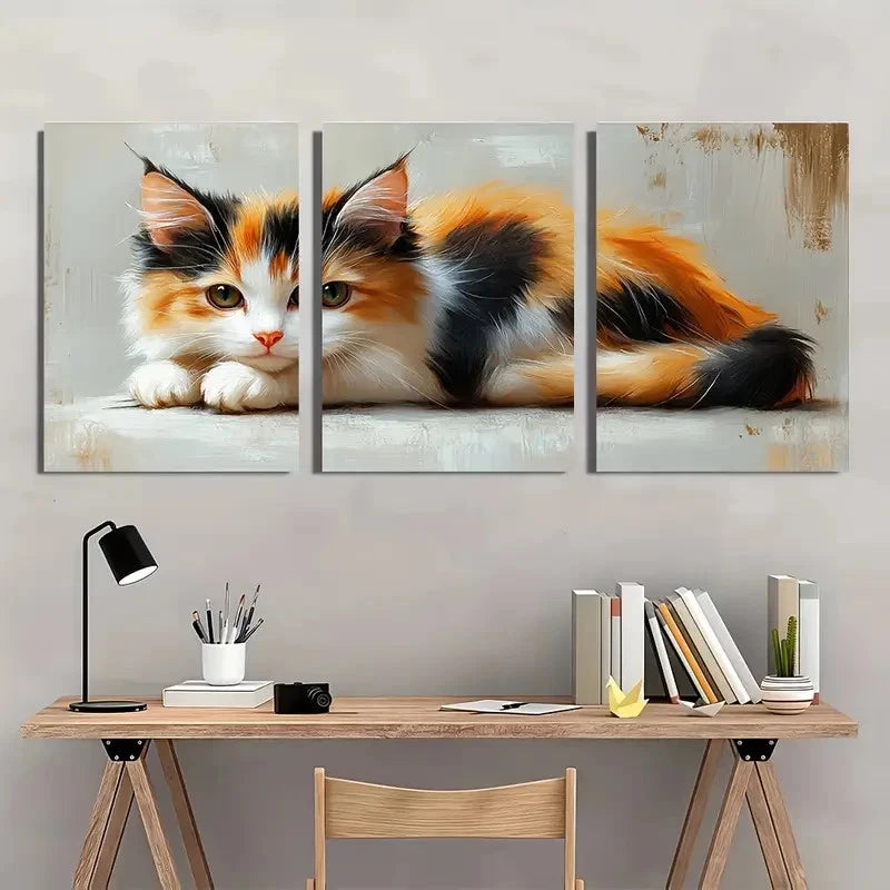 3pcs Calico Kitten Painting Black Orange White Metal Print Ready to Hang Art - Bella Home Decor