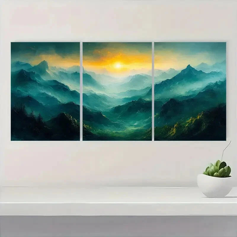 3pcs Abstract Green Mountain Oil Painting Metal Print Ready to Hang Art - Bella Home Decor