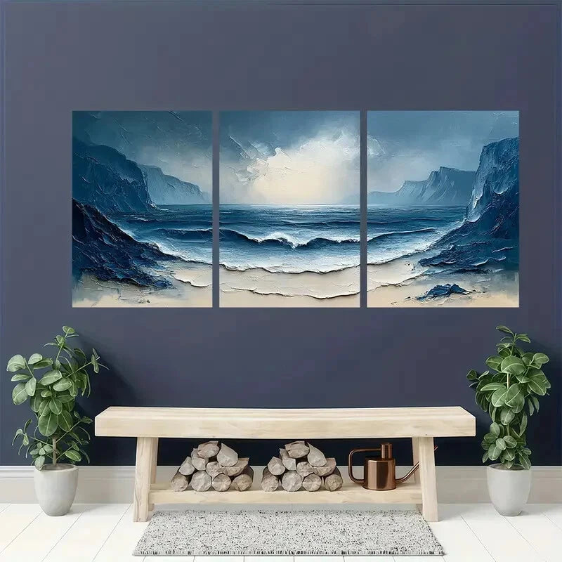 3pcs Coastal Landscape Painting Ocean Abstract Metal Print Ready to Hang Art - Bella Home Decor