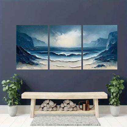 3pcs Coastal Landscape Painting Ocean Abstract Metal Print Ready to Hang Art - Bella Home Decor