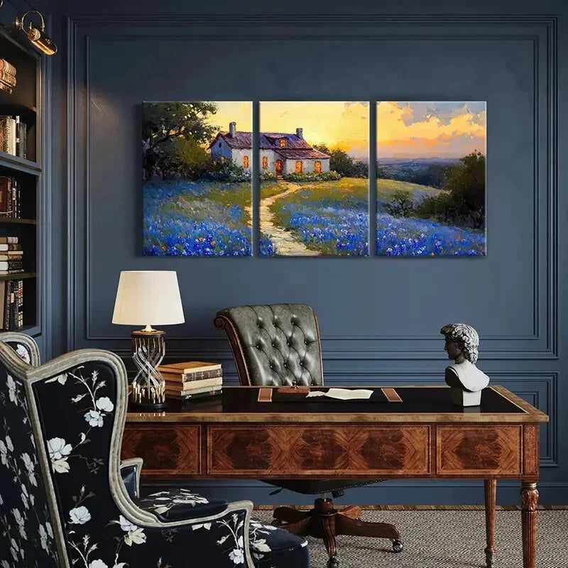 3pcs Sunset Glow Bluebonnet Field Pathway & Trees Metal Print Ready to Hang Art - Bella Home Decor