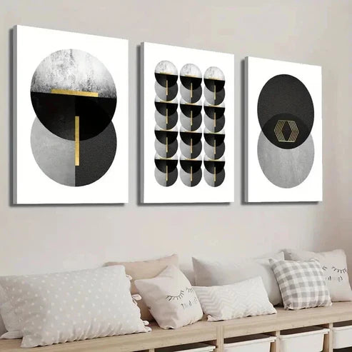 3pcs Black White and Golden Geometric Wall Art Set Canvas Unframed - High Quality Print 100% Australian Made Wall Canvas - Bella Home Decor