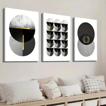 3pcs Black White and Golden Geometric Wall Art Set Canvas Unframed - High Quality Print 100% Australian Made Wall Canvas - Bella Home Decor