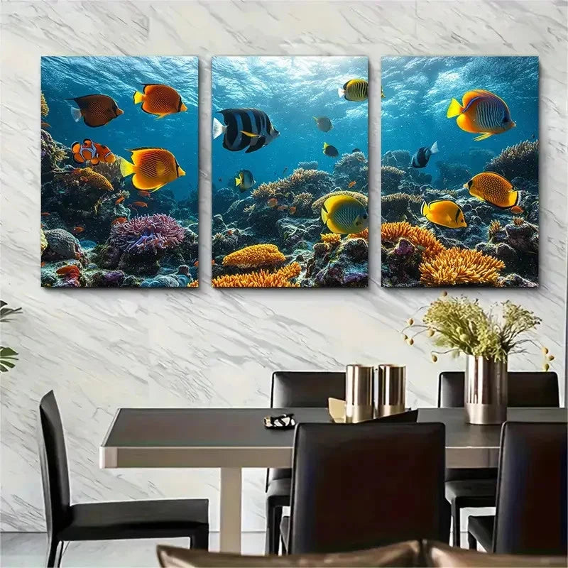 3pcs Vibrant Coral Reef Fish and Exotic Sea L  Wall Art Set Canvas Framed 50x70cm - High Quality Print 100% Australian Made Wall Canvas Ready to Hang