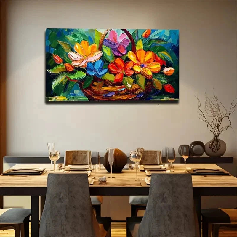 Vibrant Floral Basket Wall Art Canvas Office Home Room Framed 120x60cm