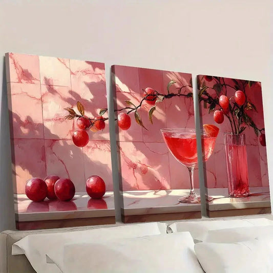 3pcs A Drink in Pink Fine Art Print E Wall Art Set Canvas Framed 40x60cm - High Quality Print 100% Australian Made Wall Canvas Ready to Hang