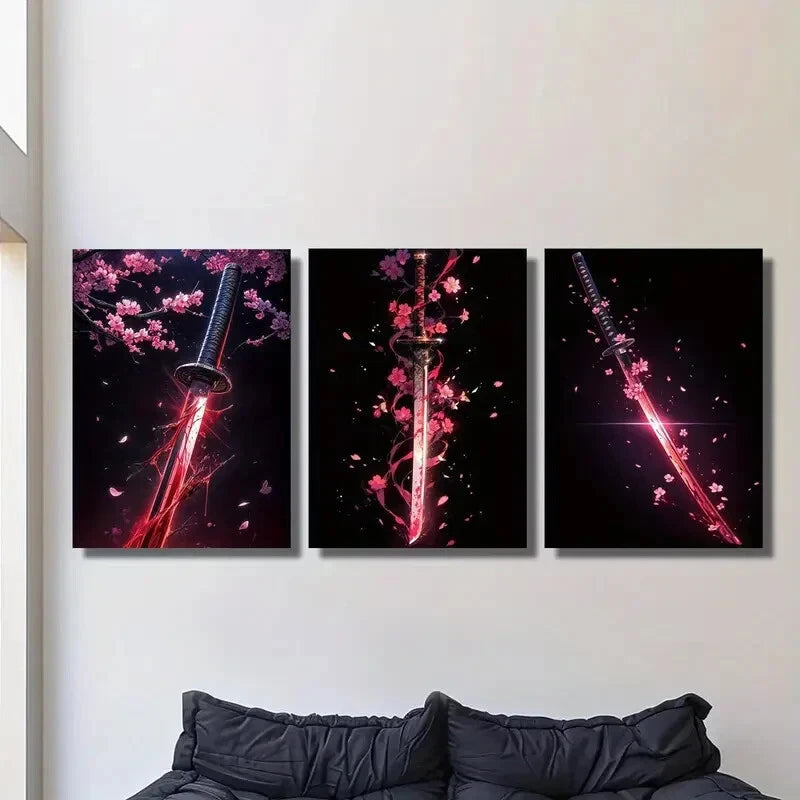 3pcs Vibrant Sakura & Samurai Katana Design Metal Print Ready to Hang Art