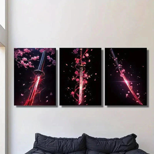 3pcs Vibrant Sakura & Samurai Katana Design Metal Print Ready to Hang Art
