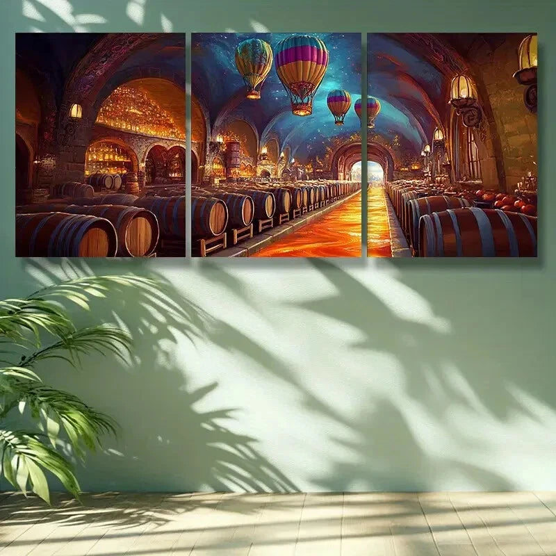 3pcs Vibrant Wine Cellar with Hot Air Balloon Metal Print Ready to Hang Art