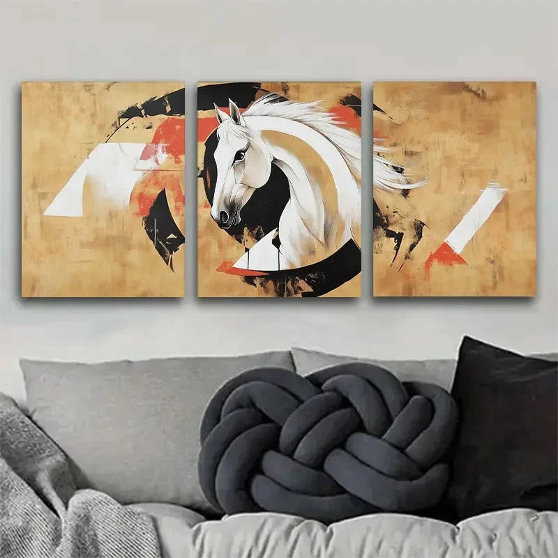 3pcs Abstract Horse Golden Accents and Black Metal Print Ready to Hang Art - Bella Home Decor