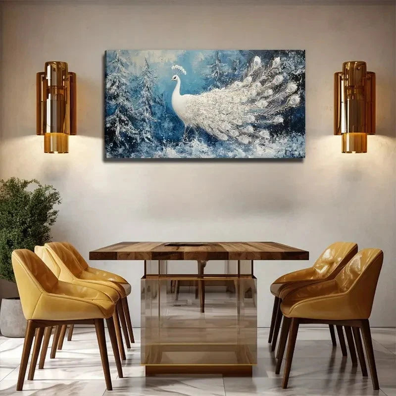 Peacock Modern Snowy Wall Art Canvas Office Home Room Framed 120x60cm
