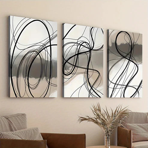 3pcs Black Swirls Gray Elegant Black Lines White Canvas Unframed - High Quality Print 100% Australian Made Wall Canvas - Bella Home Decor