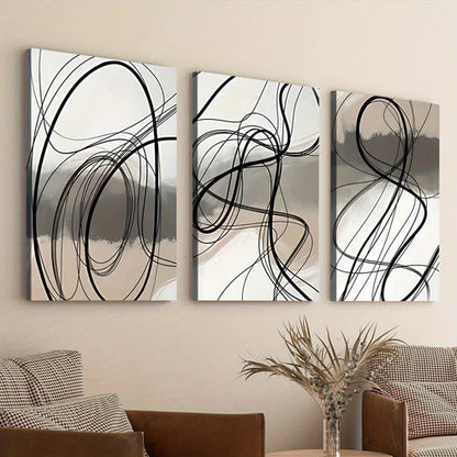 3pcs Black Swirls Gray Elegant Black Lines White Canvas Unframed - High Quality Print 100% Australian Made Wall Canvas - Bella Home Decor