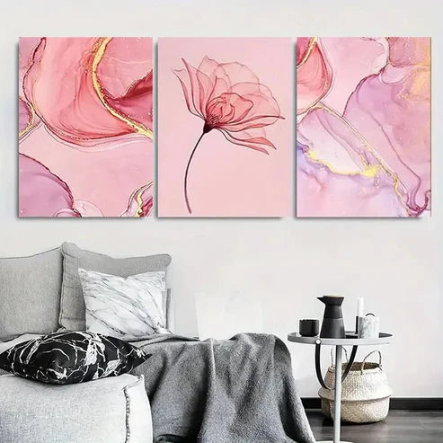 3pcs Pink Alcohol Ink Floral  Wall Art Set Canvas Unframed - High Quality Print 100% Australian Made Wall Canvas