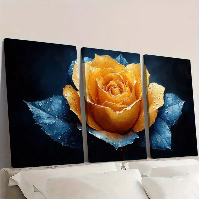 3pcs Blue and Yellow Floral Painting NK    Wall Art Set Canvas Framed 50x70cm - High Quality Print 100% Australian Made Wall Canvas Ready to Hang - Bella Home Decor