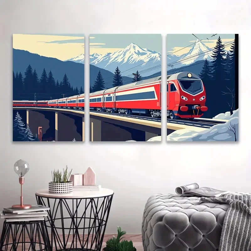 3pcs Red Train Through Snowy Mountains Wall Art Set Canvas Framed 50x70cm - High Quality Print 100% Australian Made Wall Canvas Ready to Hang