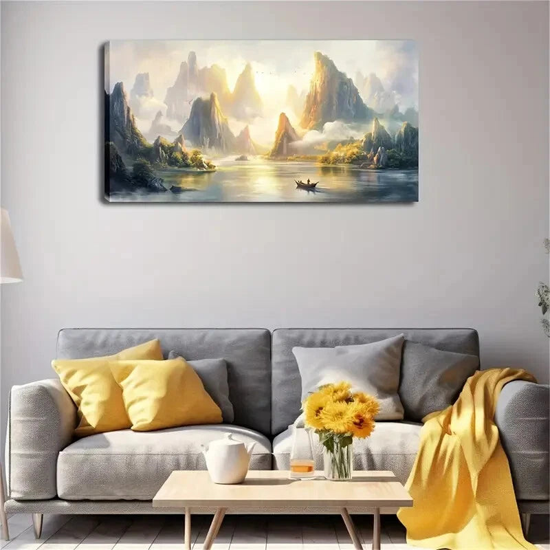 Warm Sunlight Mountain Lake Wall Art Canvas Office Home Room Framed 120x60cm - Bella Home Decor