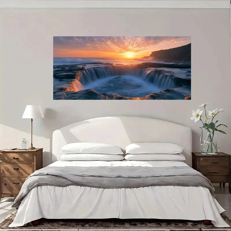 Ocean Sunset Waterfall Wall Art Canvas Office Home Room Framed 120x60cm