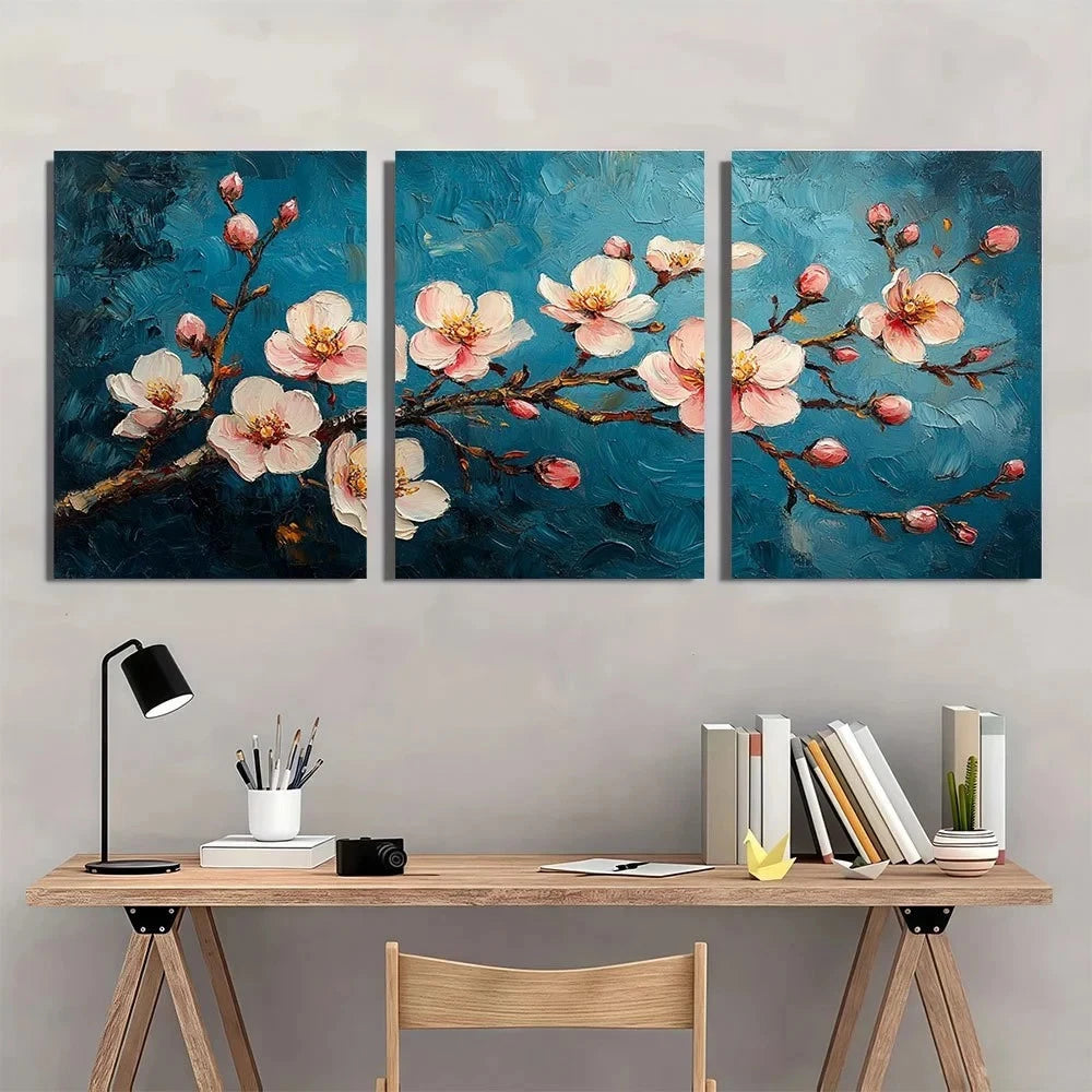 3pcs Gogh Almond Blossom Dark Blue White Flowers Wall Art Set Canvas Framed 60x90cm - High Quality Print 100% Australian Made Wall Canvas Ready to Hang - Bella Home Decor