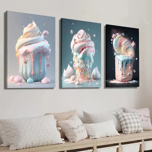 3pcs Summer Macaron Color Popsicle Ice Cream Wall Art Set Canvas Unframed - High Quality Print 100% Australian Made Wall Canvas