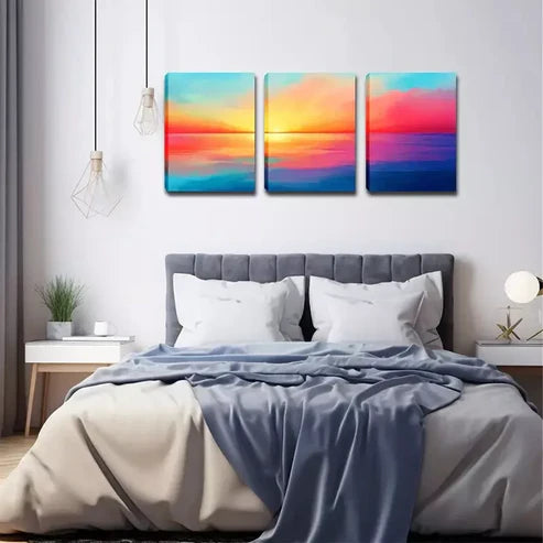 3pcs Ocean Sunset with Reflective Water Wall Art Set Canvas Unframed - High Quality Print 100% Australian Made Wall Canvas