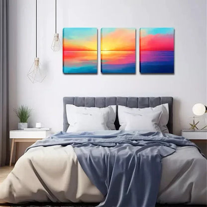3pcs Ocean Sunset with Reflective Water Wall Art Set Canvas Unframed - High Quality Print 100% Australian Made Wall Canvas