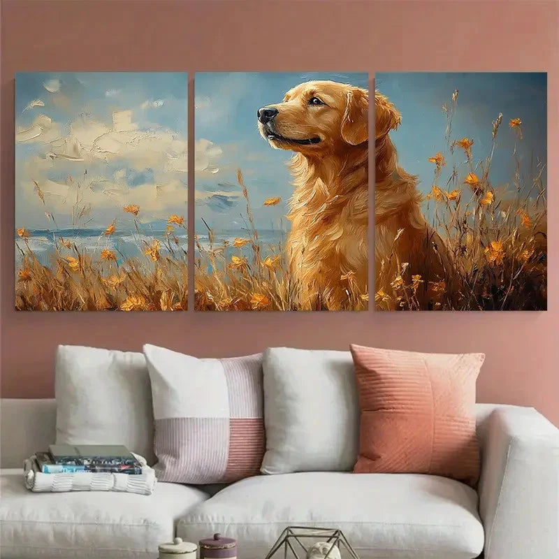 3pcs Golden Retriever in Floral Field with Sea Metal Print Ready to Hang Art - Bella Home Decor