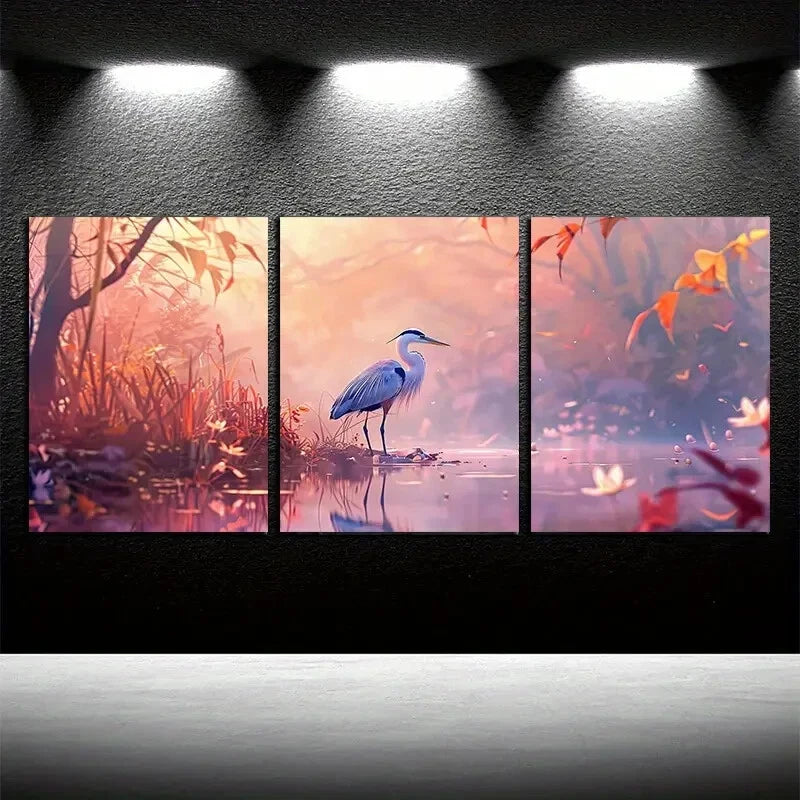 3pcs Vibrant Heron in Serene Pond Scene Metal Print Ready to Hang Art - Bella Home Decor