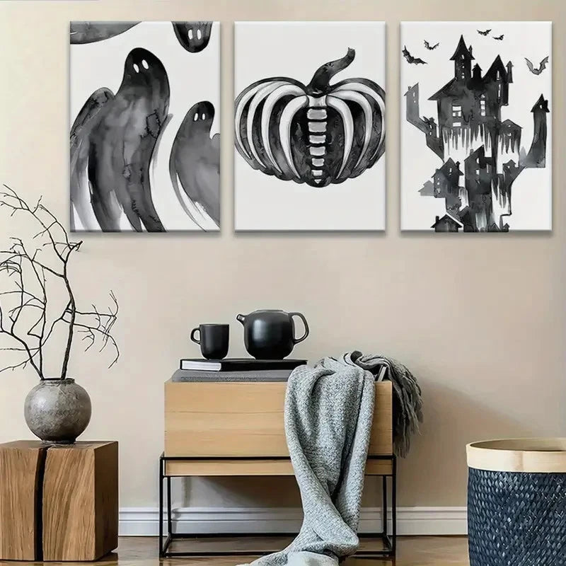 3pcs Black & White Gothic Paintings Metal Print Ready to Hang Art - Bella Home Decor