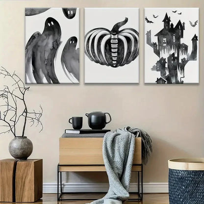 3pcs Black & White Gothic Paintings Metal Print Ready to Hang Art - Bella Home Decor