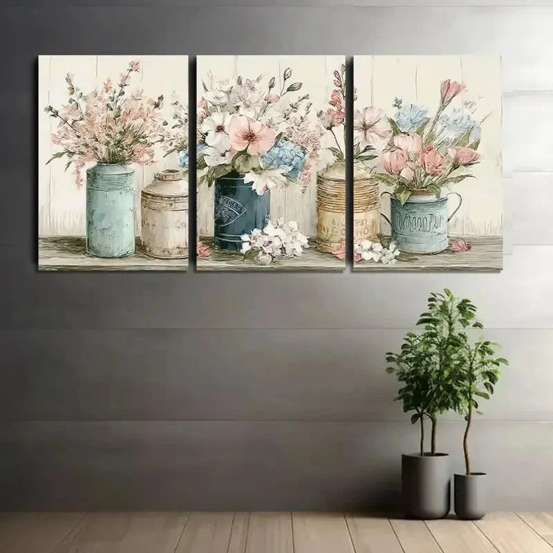 3pcs Watercolor Style Wall Art with Pastel Flowers Metal Print Ready to Hang Art - Bella Home Decor