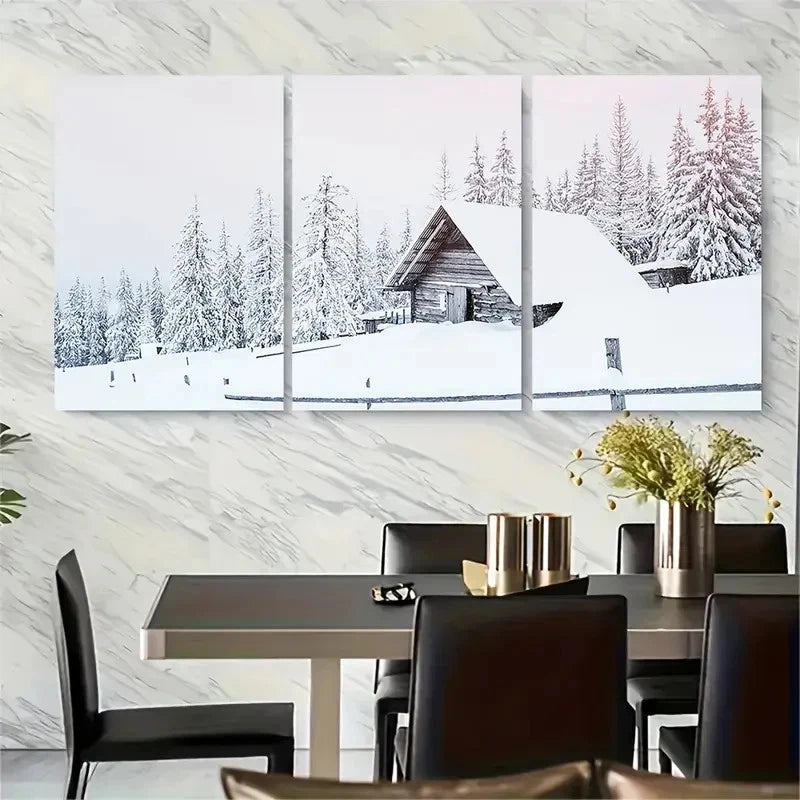3pcs Serene Cabin and Pine Trees Metal Print Ready to Hang Art