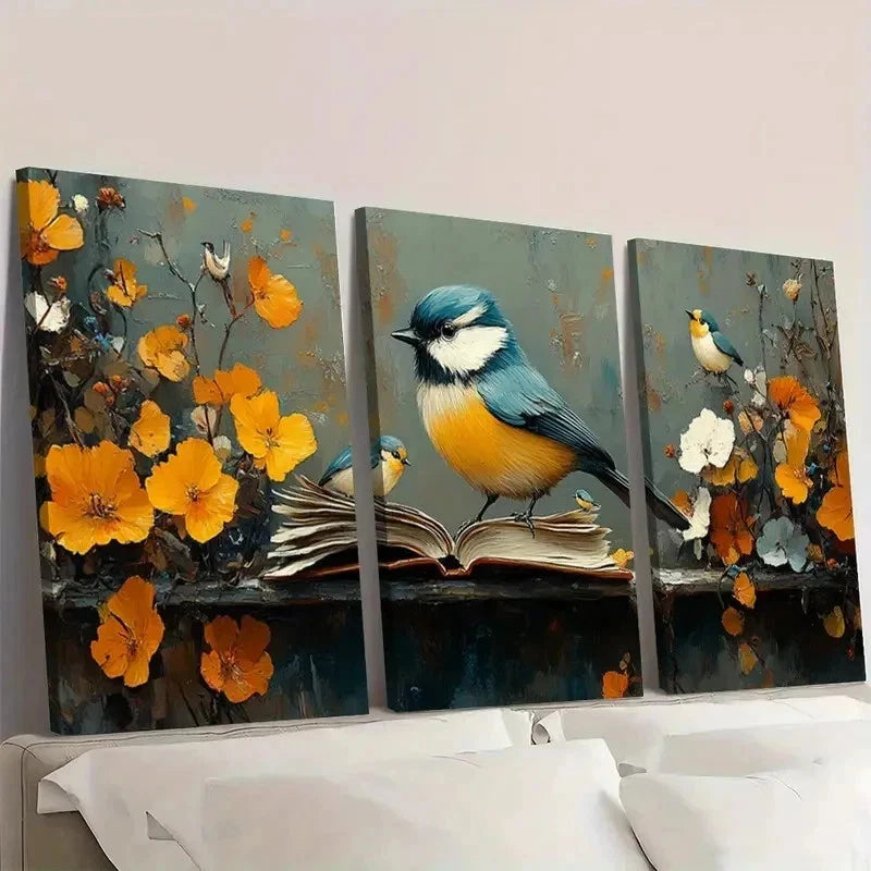 3pcs Blue Tit Birds & Vibrant Orange Flower R   Wall Art Set Canvas Framed 40x60cm - High Quality Print 100% Australian Made Wall Canvas Ready to Hang - Bella Home Decor