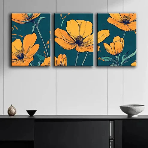 3pcs Orange Floral Colorful Pattern Perfect Wall Art Set Canvas Unframed - High Quality Print 100% Australian Made Wall Canvas