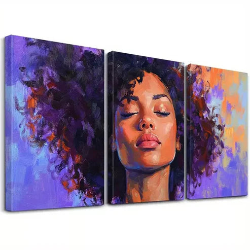 3pcs Vibrant Purple Hair & Expressive Face Art Set Canvas Unframed - High Quality Print 100% Australian Made Wall Canvas
