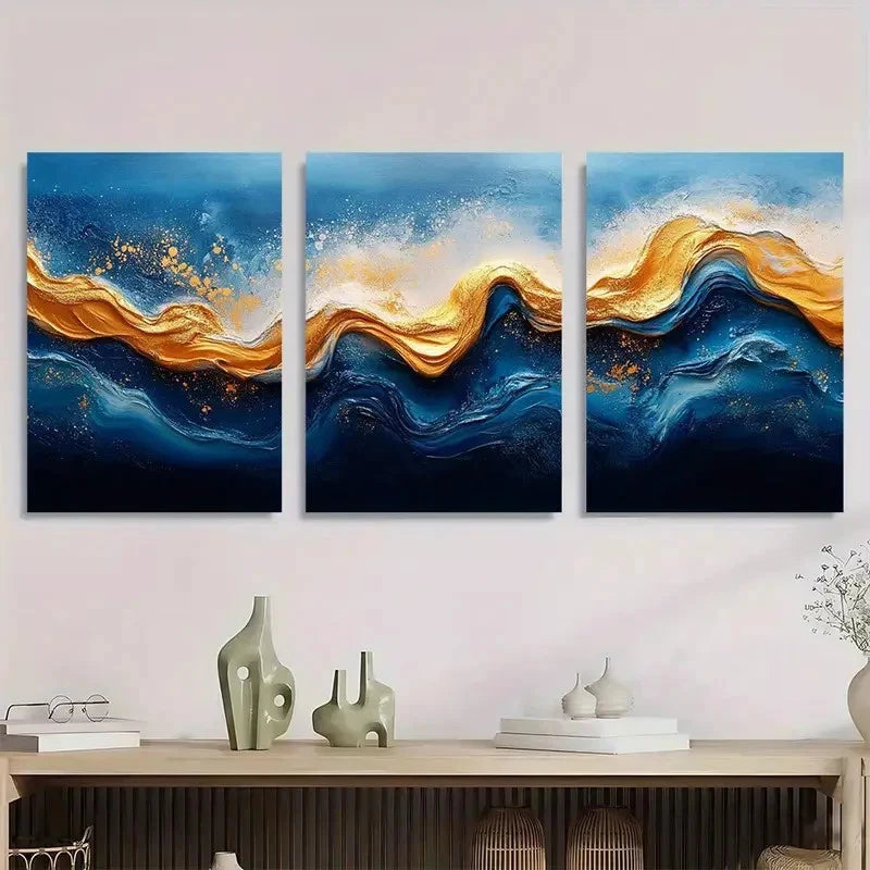 3pcs Abstract Blue & Golden Wave Design Metal Print Ready to Hang Art - Bella Home Decor