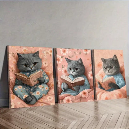 3pcs Featuring A Cat Reading Wall Art Canvas Unframed - High Quality Print 100% Australian Made Wall Canvas